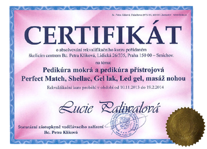 Certifikát Lucie Paliwalová